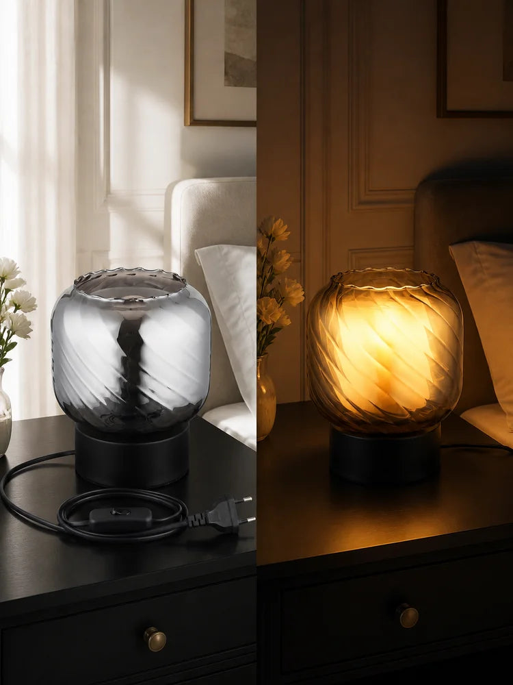 1pc Compact Modern Grey Double Layer Glass Table Lamp, Minimalist Ambient Accent Light with Inline Switch for Bedroom Living Room Nightstand Decor