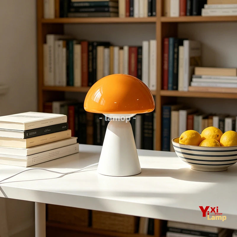 Murano Glass Orange Dome Mushroom Table Lamp Matte White Conical Base 3 Tone Soft Light Cream Living Room Side Table Decor Lamp