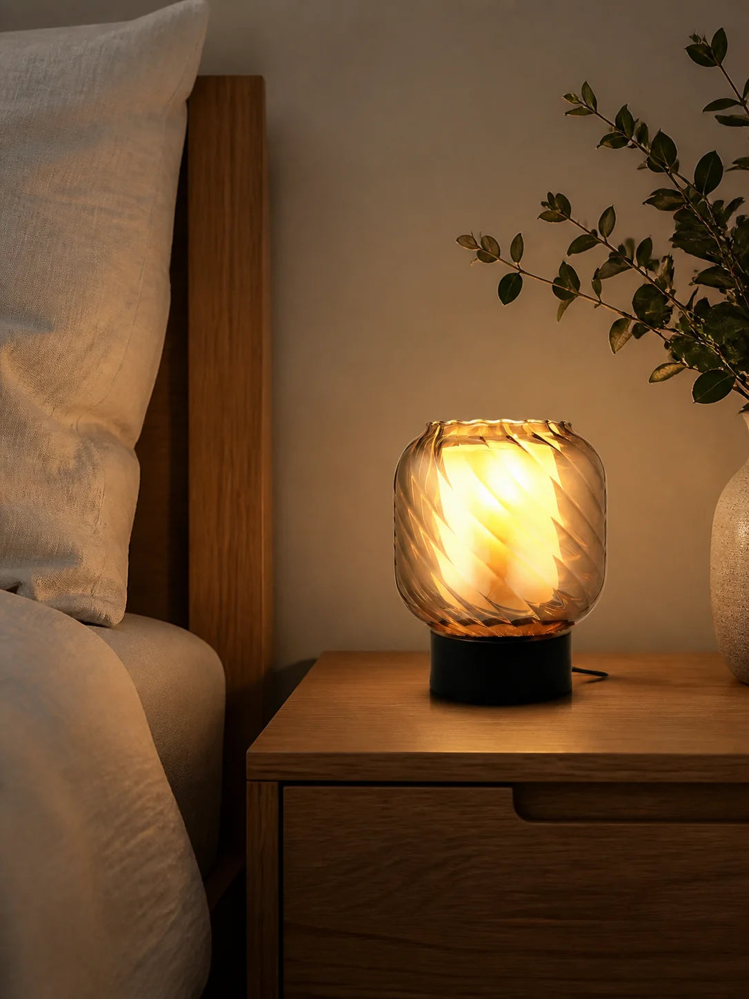 1pc Compact Modern Grey Double Layer Glass Table Lamp, Minimalist Ambient Accent Light with Inline Switch for Bedroom Living Room Nightstand Decor