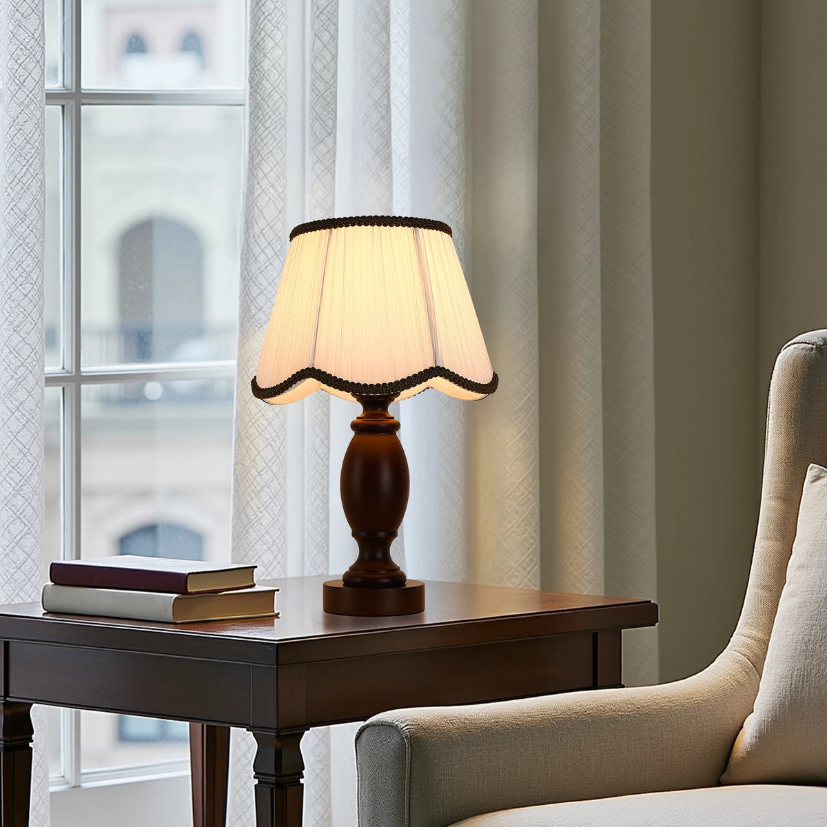 15 inch rubberwood  Bedside Lamp Solid Wood Fabric Table Lamp For Bedroom Wooden Desk Lamp Bedside Night Light with Cylinder Lamp Shade Home Decor Creative Atmosphere Light Decoration
