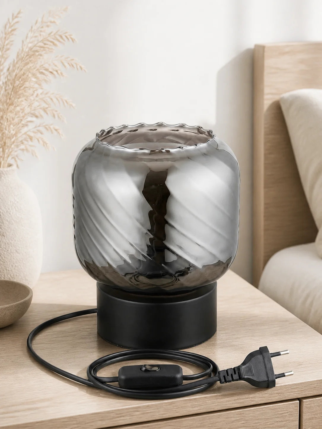 1pc Compact Modern Grey Double Layer Glass Table Lamp, Minimalist Ambient Accent Light with Inline Switch for Bedroom Living Room Nightstand Decor