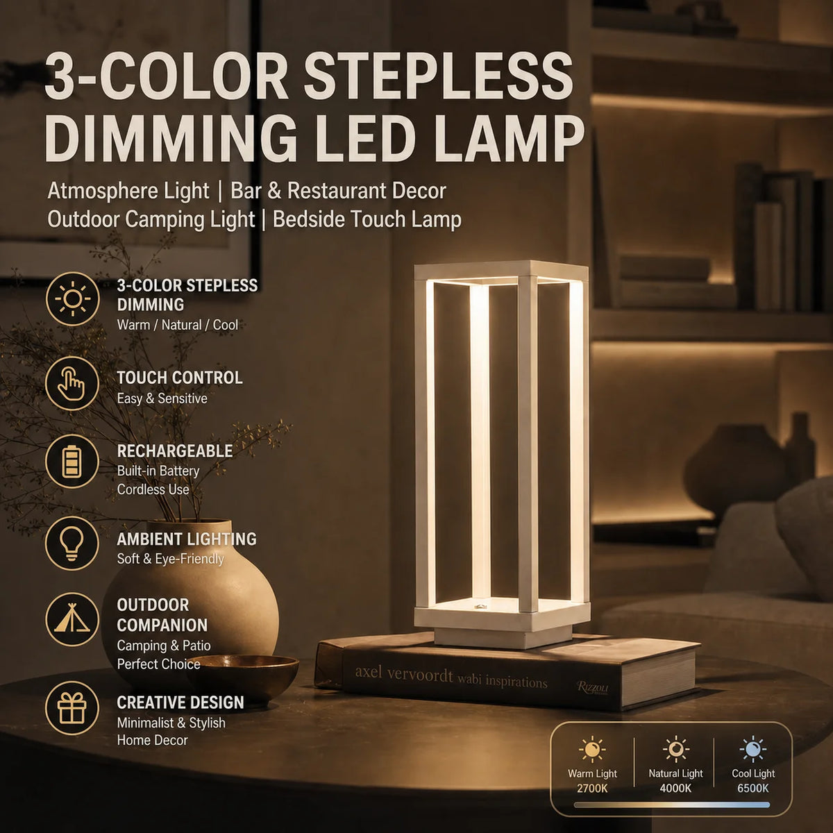 WWPPU Cordless LED Table Lamp Stepless Dimming Touch Control USB Rechargeable Desk Light Nordic Minimalist Bedside Night Lamp