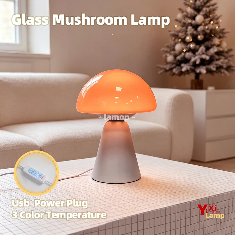 Murano Glass Orange Dome Mushroom Table Lamp Matte White Conical Base 3 Tone Soft Light Cream Living Room Side Table Decor Lamp