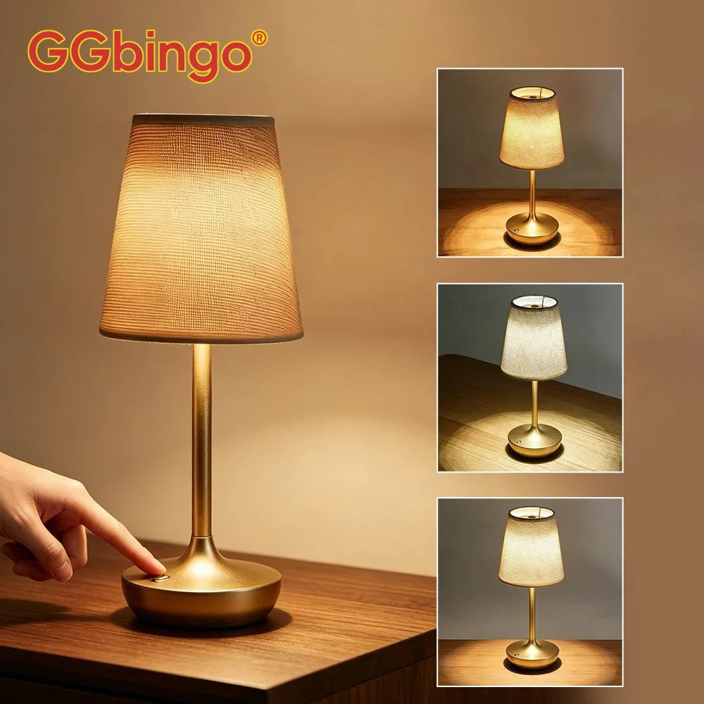 GGbingo Rechargeable LED Table Lamps Classic Lamp 3 Colors Dimmable USB Fabric Lampshade Bedroom Bedside Lighting Decoration Metal Designed