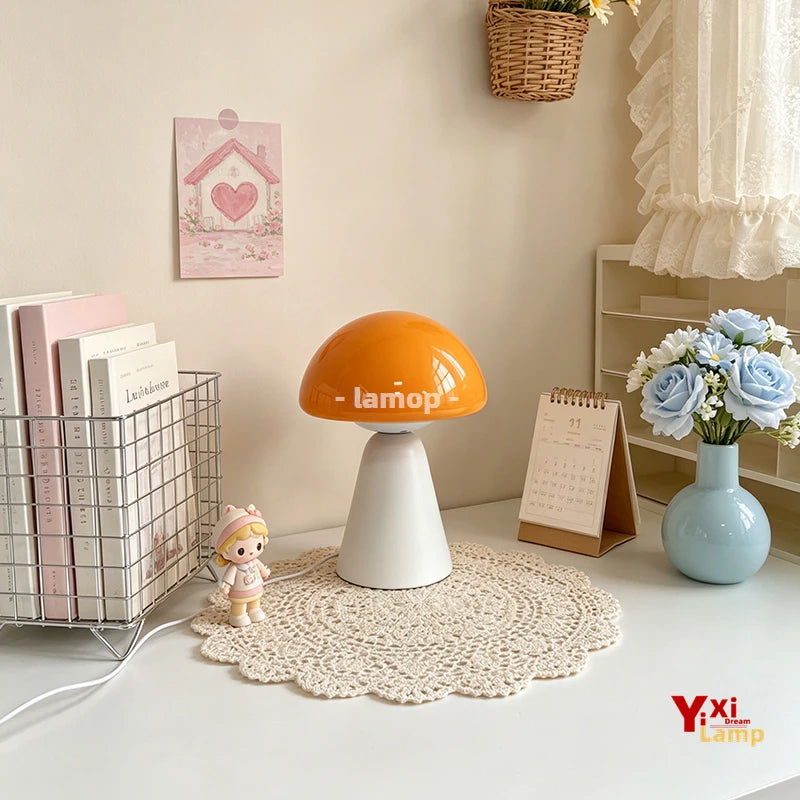 Murano Glass Orange Dome Mushroom Table Lamp Matte White Conical Base 3 Tone Soft Light Cream Living Room Side Table Decor Lamp