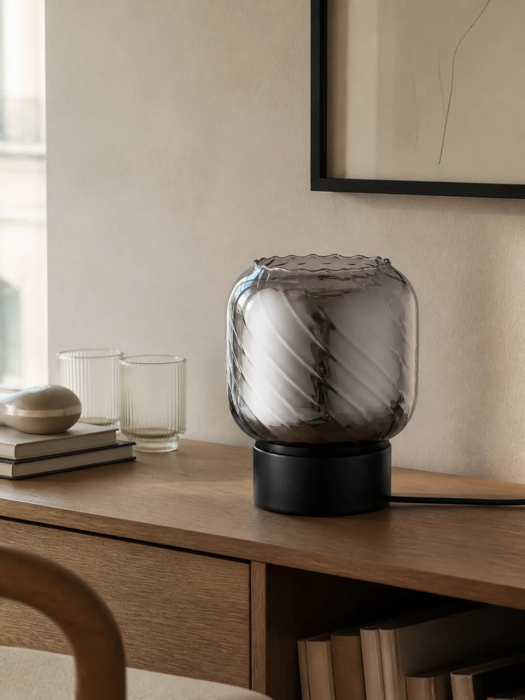 1pc Compact Modern Grey Double Layer Glass Table Lamp, Minimalist Ambient Accent Light with Inline Switch for Bedroom Living Room Nightstand Decor