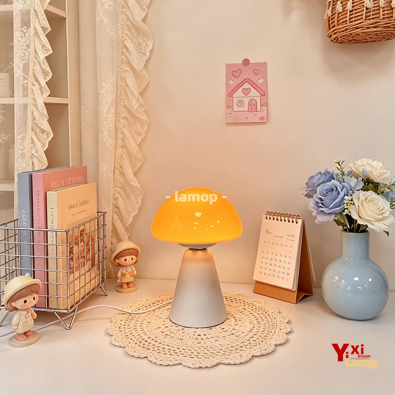 Murano Glass Orange Dome Mushroom Table Lamp Matte White Conical Base 3 Tone Soft Light Cream Living Room Side Table Decor Lamp