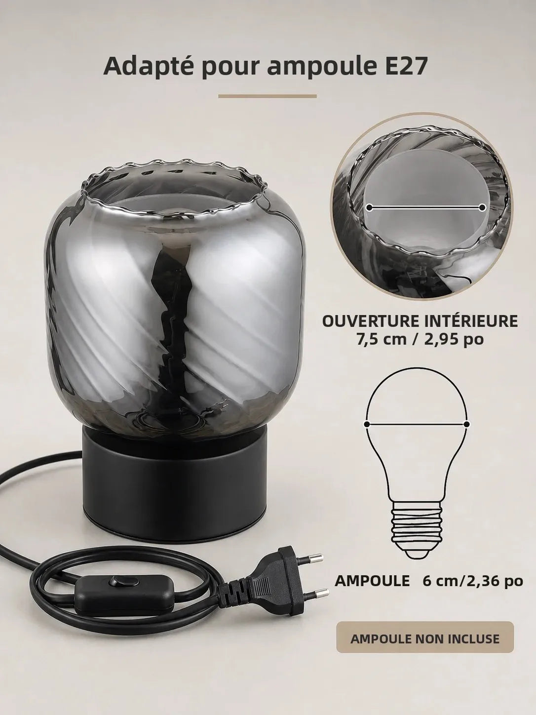 1pc Compact Modern Grey Double Layer Glass Table Lamp, Minimalist Ambient Accent Light with Inline Switch for Bedroom Living Room Nightstand Decor