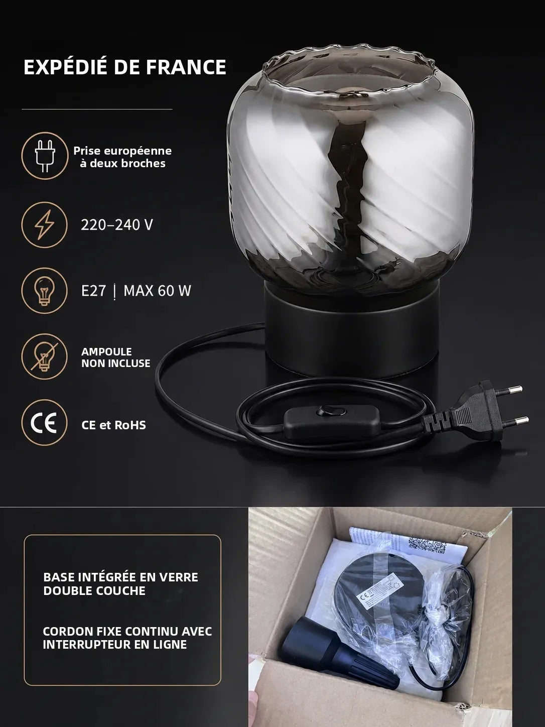1pc Compact Modern Grey Double Layer Glass Table Lamp, Minimalist Ambient Accent Light with Inline Switch for Bedroom Living Room Nightstand Decor