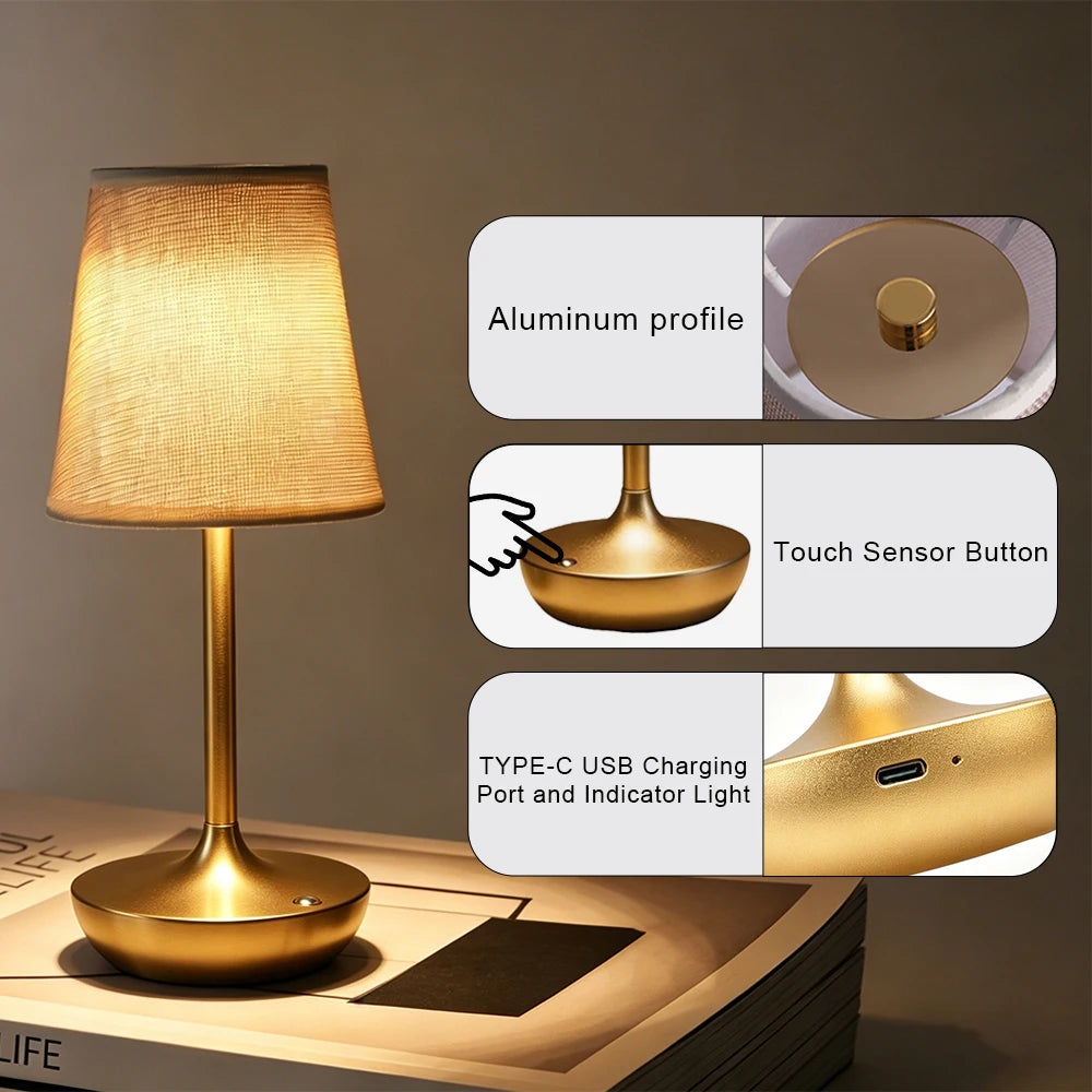 GGbingo Rechargeable LED Table Lamps Classic Lamp 3 Colors Dimmable USB Fabric Lampshade Bedroom Bedside Lighting Decoration Metal Designed